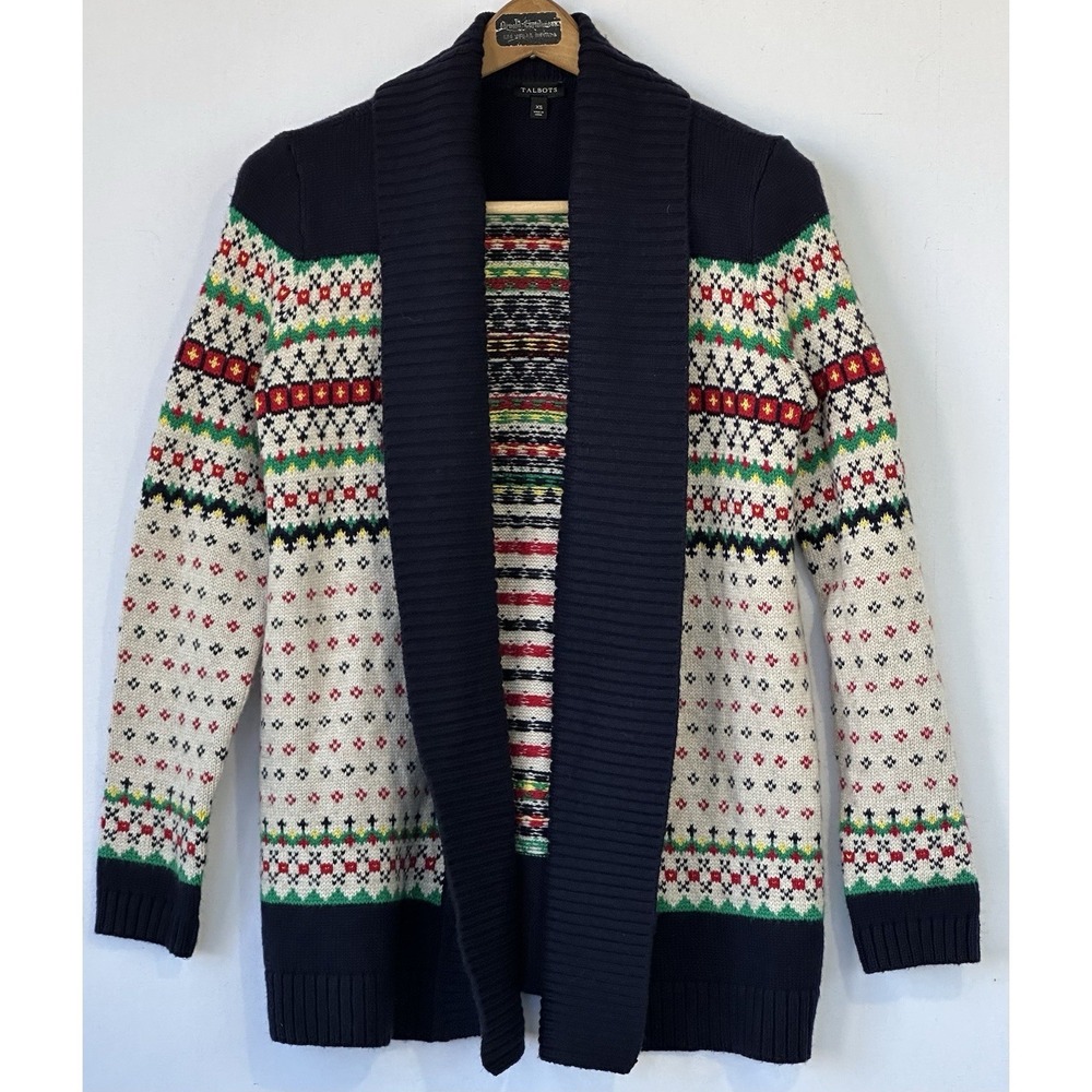 Talbots Shawl Fair Isle Cardigan Colorful Blue Women's XS